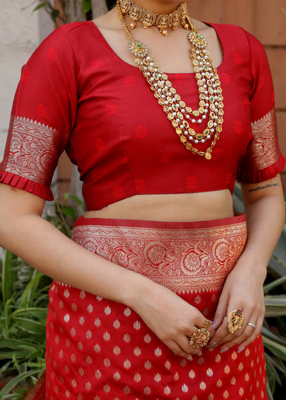 Red Katan Litchi Silk Banarasi Saree with Zari Butta Woven