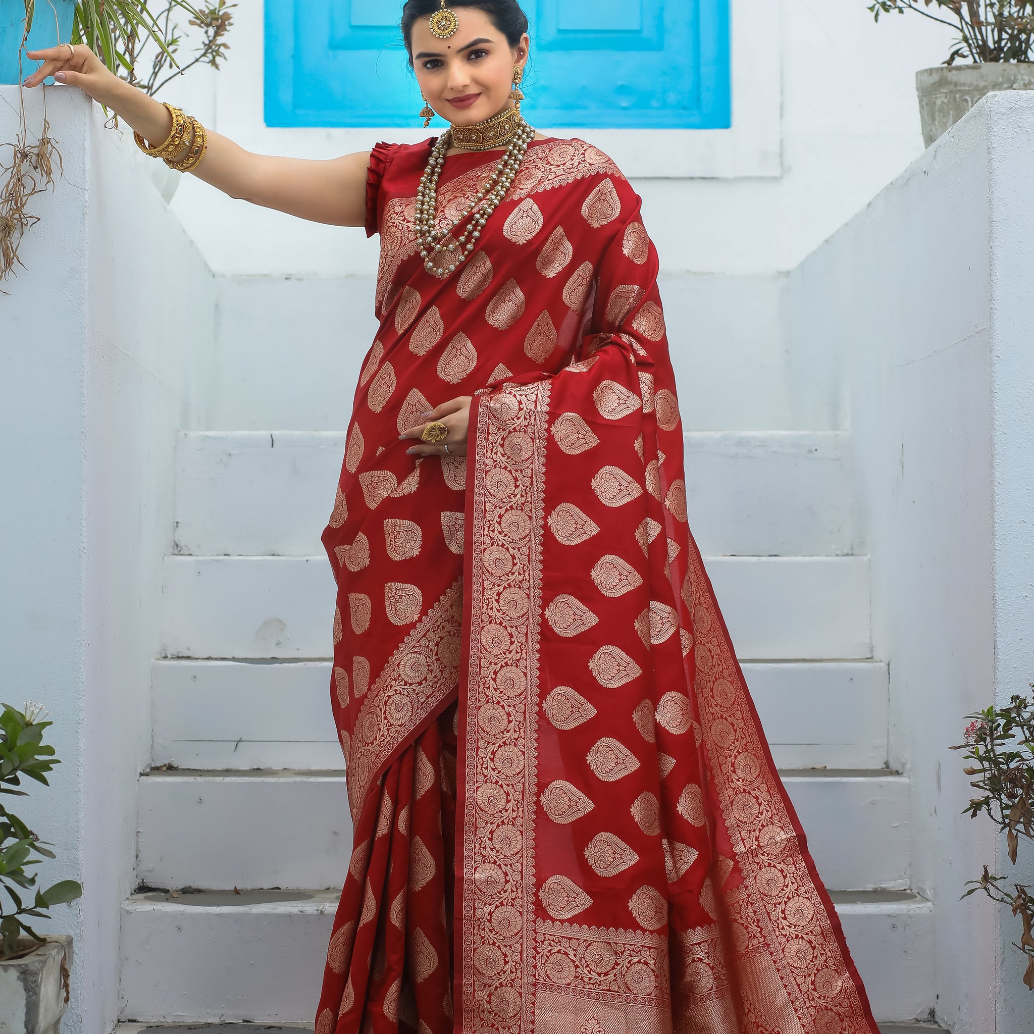 Red Katan Litchi Silk Banarasi Saree with Woven Zari Butta – In Stock