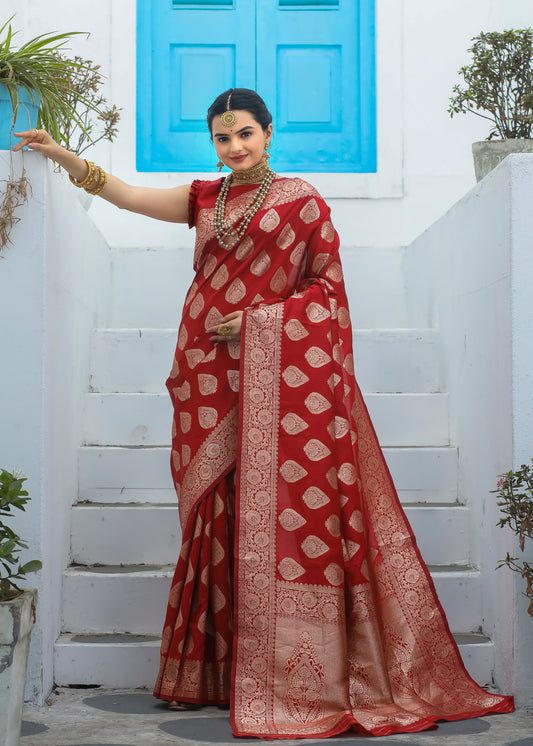 Red Katan Litchi Silk Banarasi Saree with Woven Zari Butta – In Stock