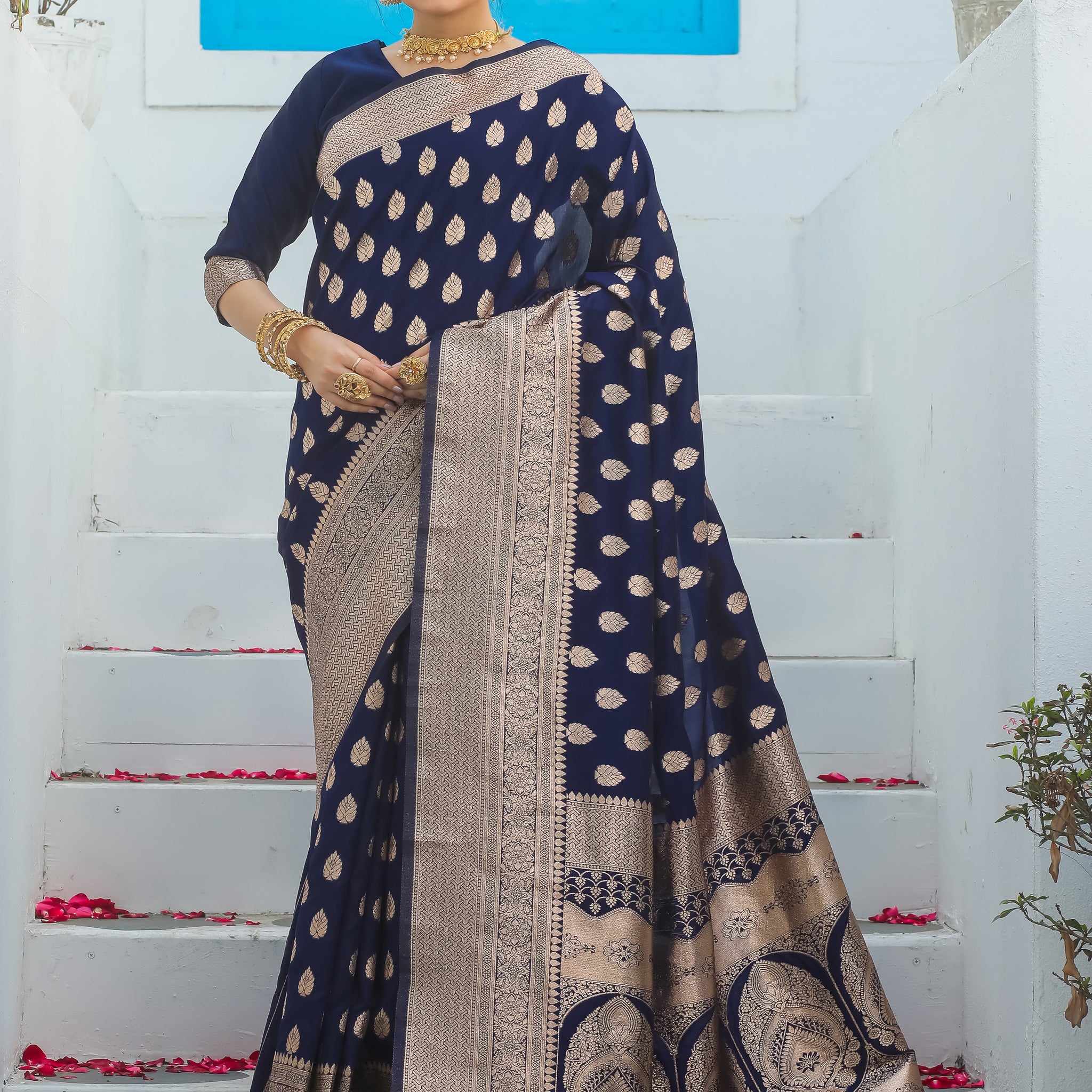 Navy Blue Banarasi Saree with Zari Butta – In Stock