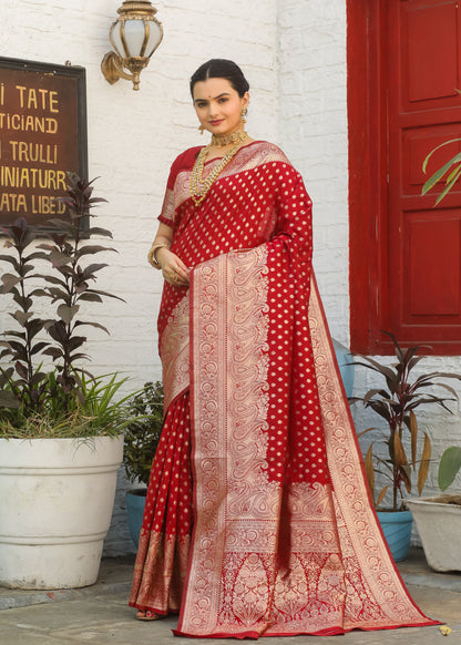 Red Katan Litchi Silk Banarasi Saree with Zari Butta Woven