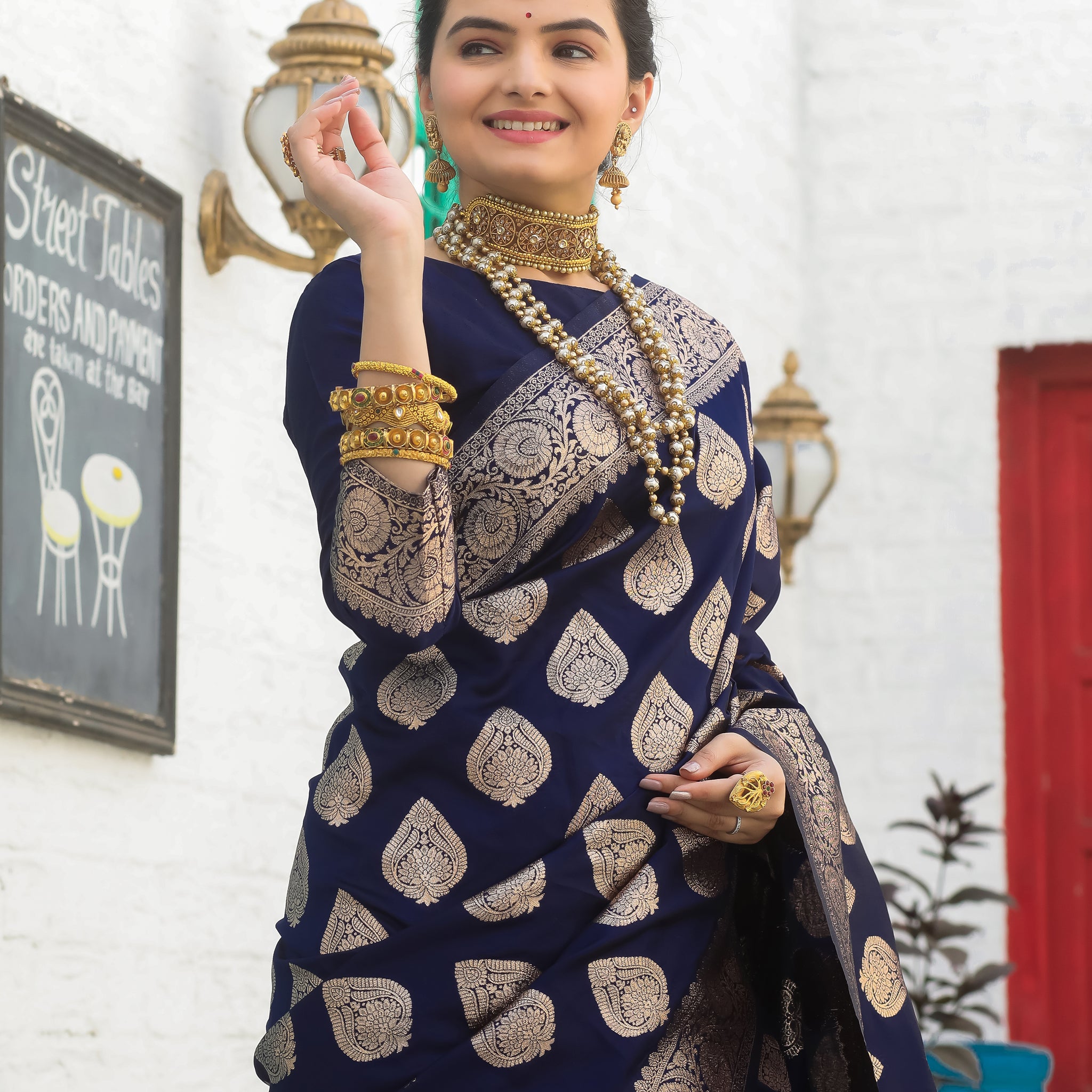 Navy Blue Katan Silk Saree with Zari Butta – In Stock