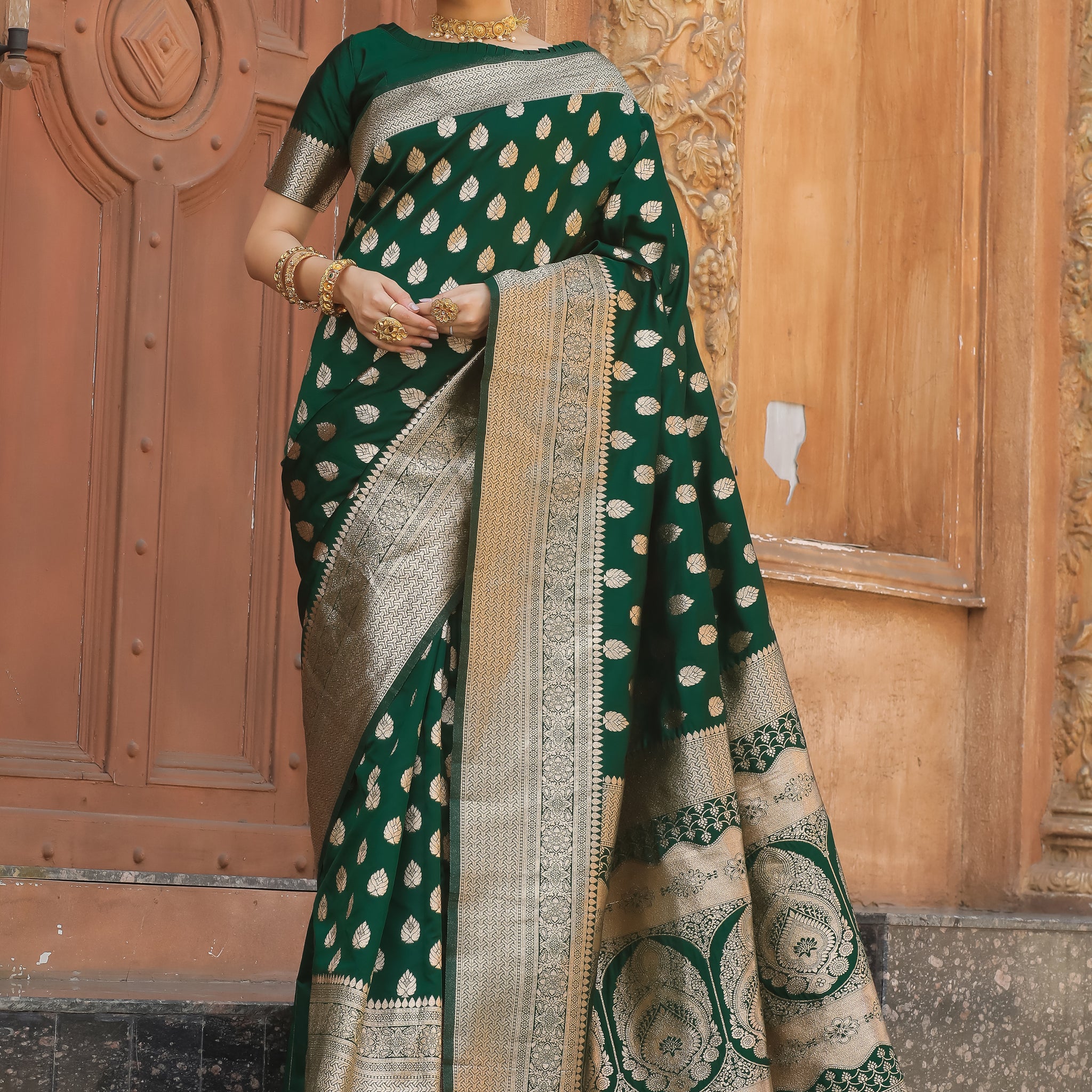 Bottle Green Banarasi Saree with Golden Zari Butta – In Stock