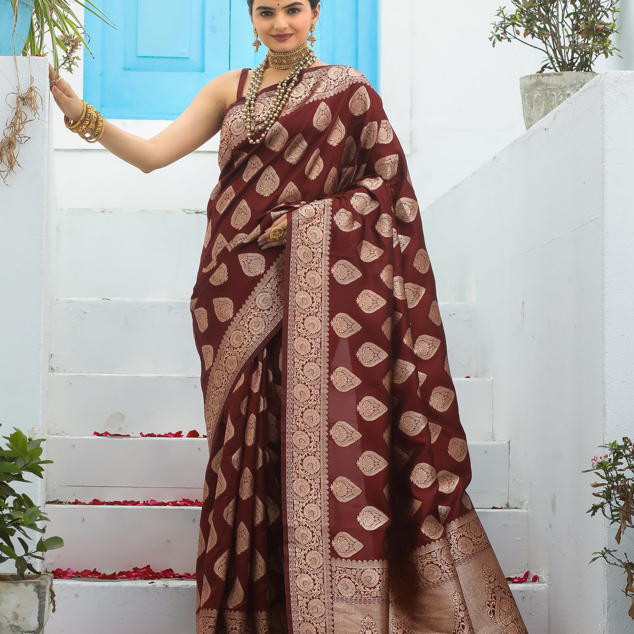Maroon Katan Silk Banarasi Saree with Golden Zari Butta – In Stock