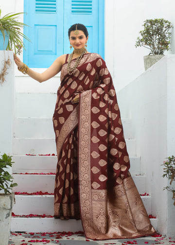 Maroon Katan Silk Banarasi Saree with Golden Zari Butta – In Stock