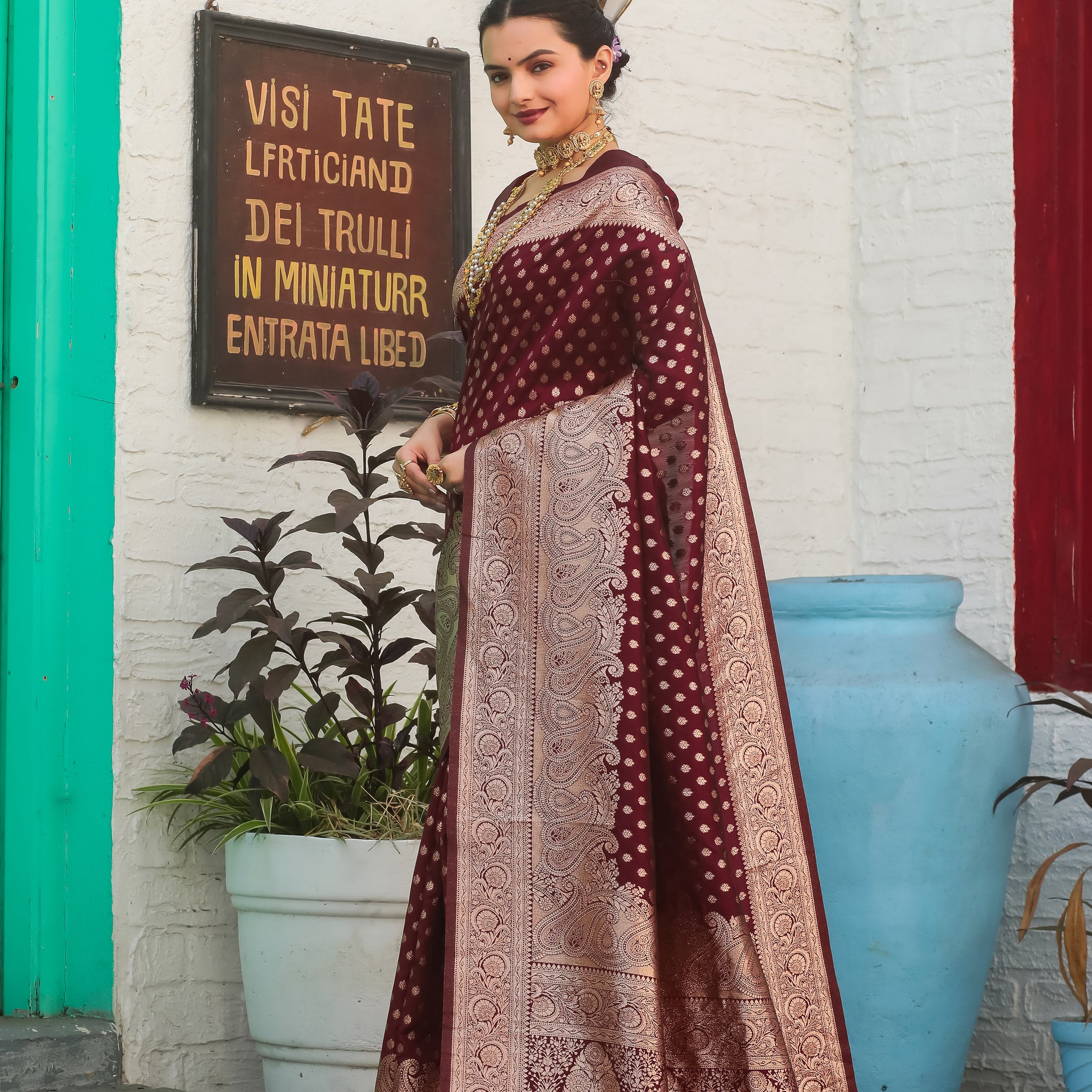 Maroon Katan Litchi Silk Banarasi Saree with Zari Butta Woven