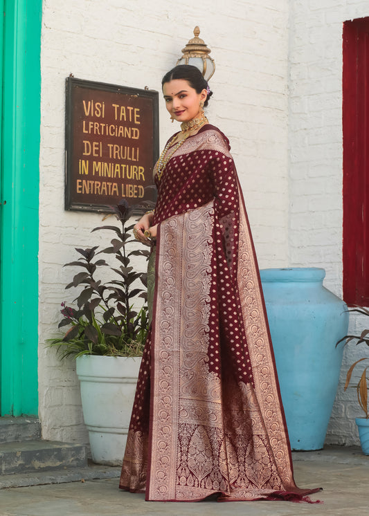 Maroon Katan Litchi Silk Banarasi Saree with Zari Butta Woven
