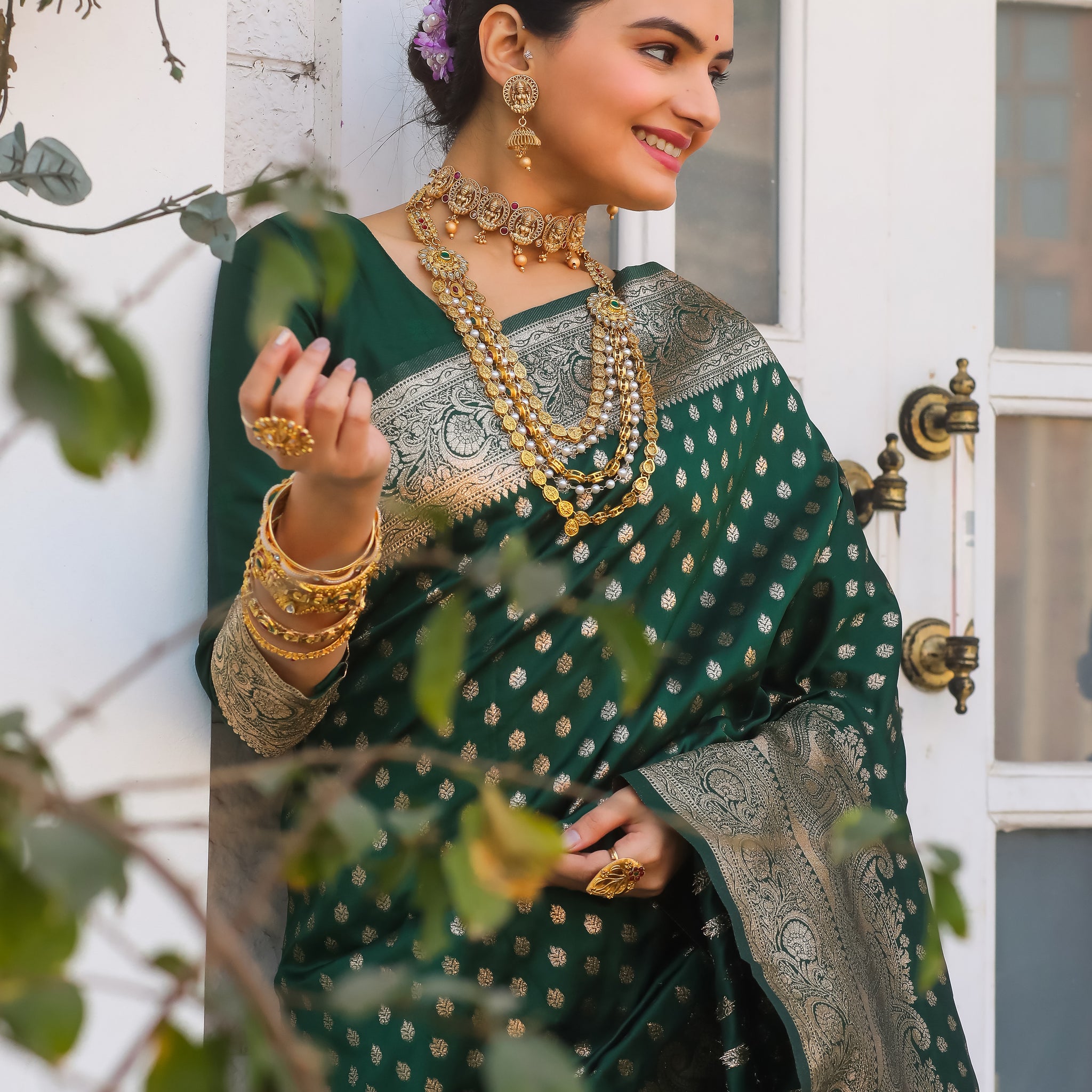 Bottle Green Katan Litchi Silk Banarasi Saree with Zari Butta Weaving – In Stock