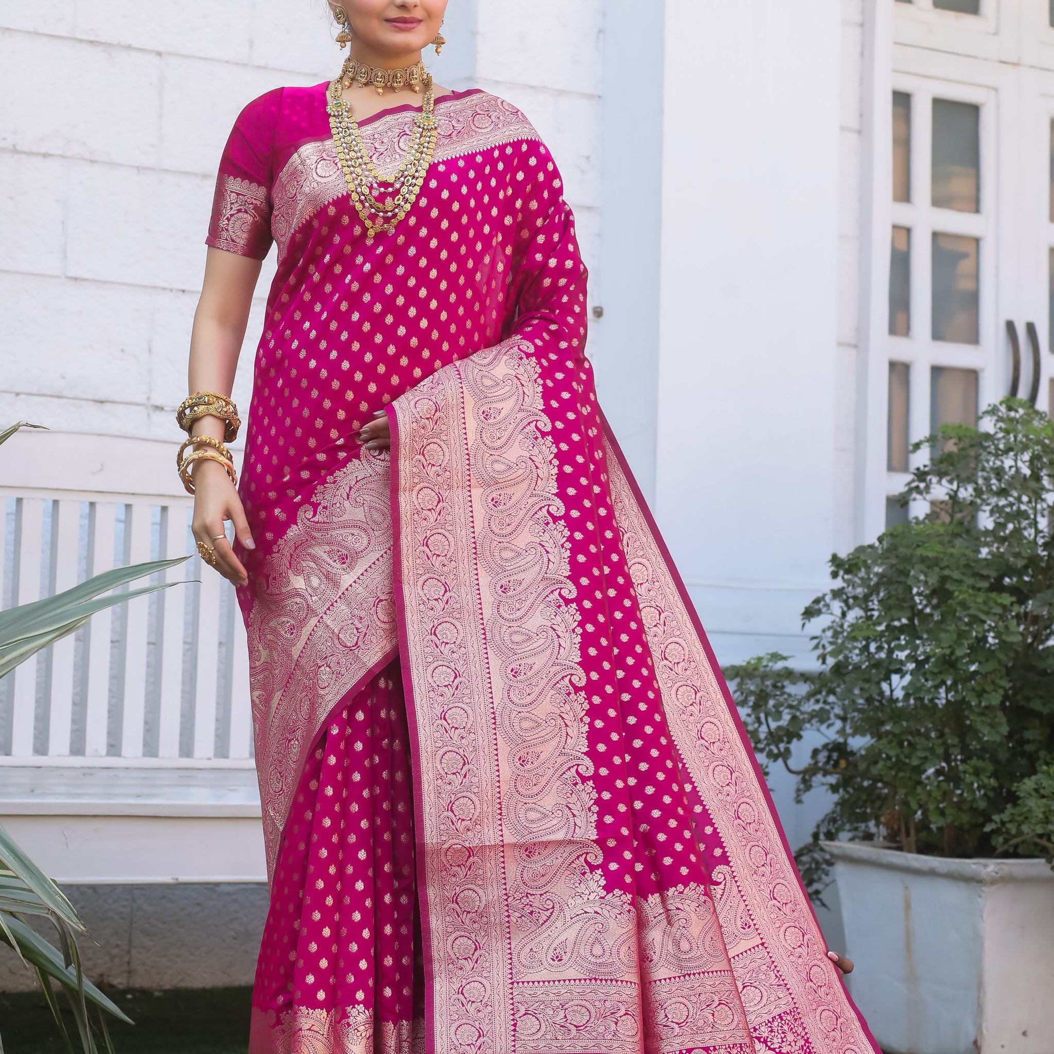 Rani Katan Litchi Silk Banarasi Saree with Zari Butta Woven – In Stock