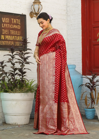 Red Katan Litchi Silk Banarasi Saree with Zari Butta Woven