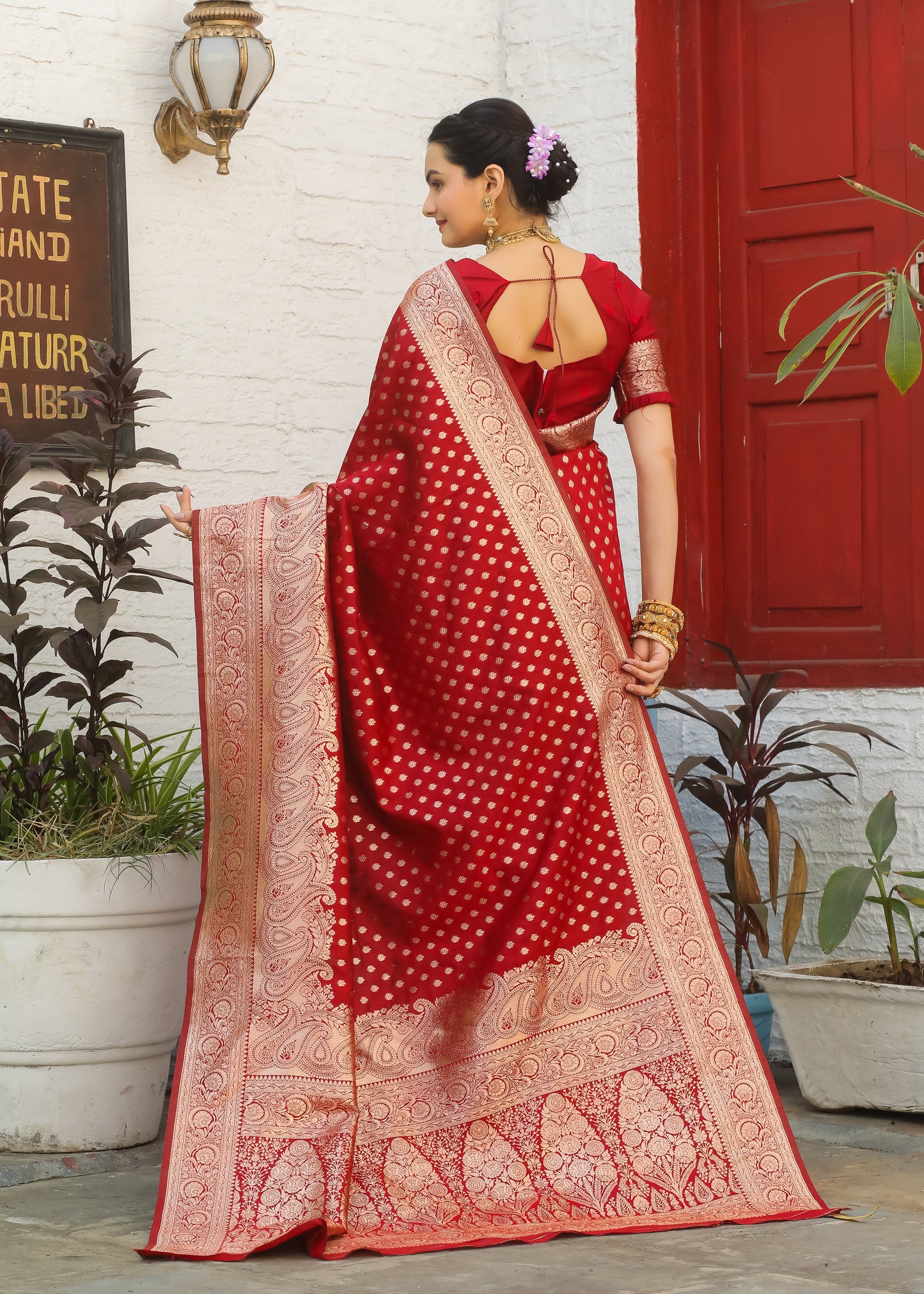 Red Katan Litchi Silk Banarasi Saree with Zari Butta Woven