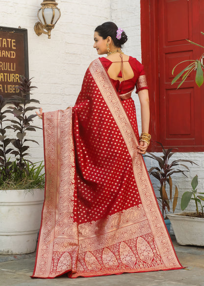 Red Katan Litchi Silk Banarasi Saree with Zari Butta Woven