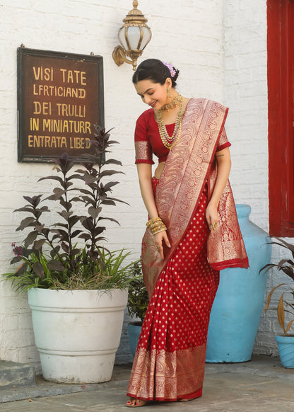 Red Katan Litchi Silk Banarasi Saree with Zari Butta Woven