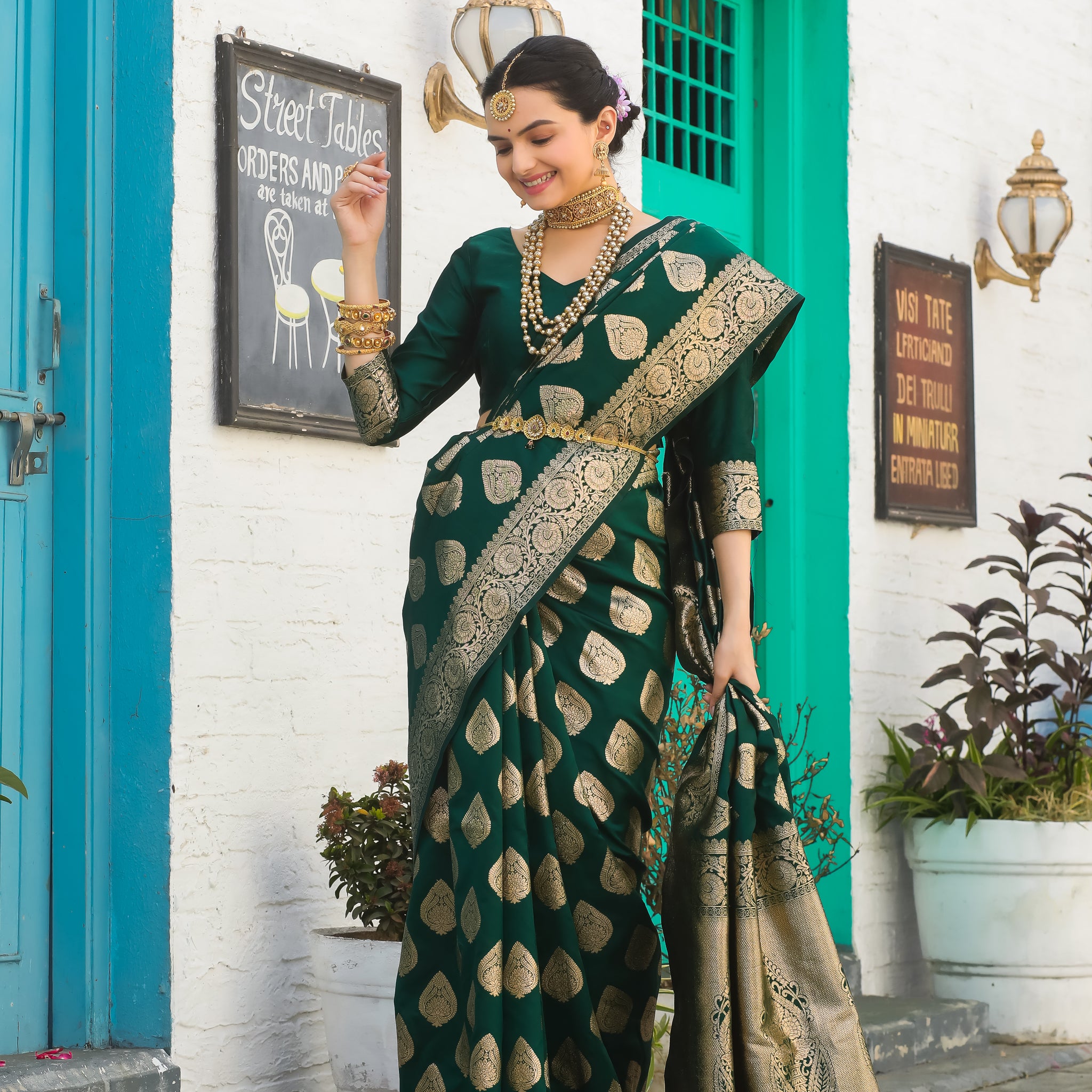 Bottle Green Katan Litchi Silk Saree with Intricate Zari Butta – In Stock