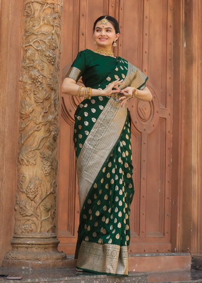 Bottle Green Katan Litchi Silk Banarasi Saree with Rich Golden Zari Butta Woven