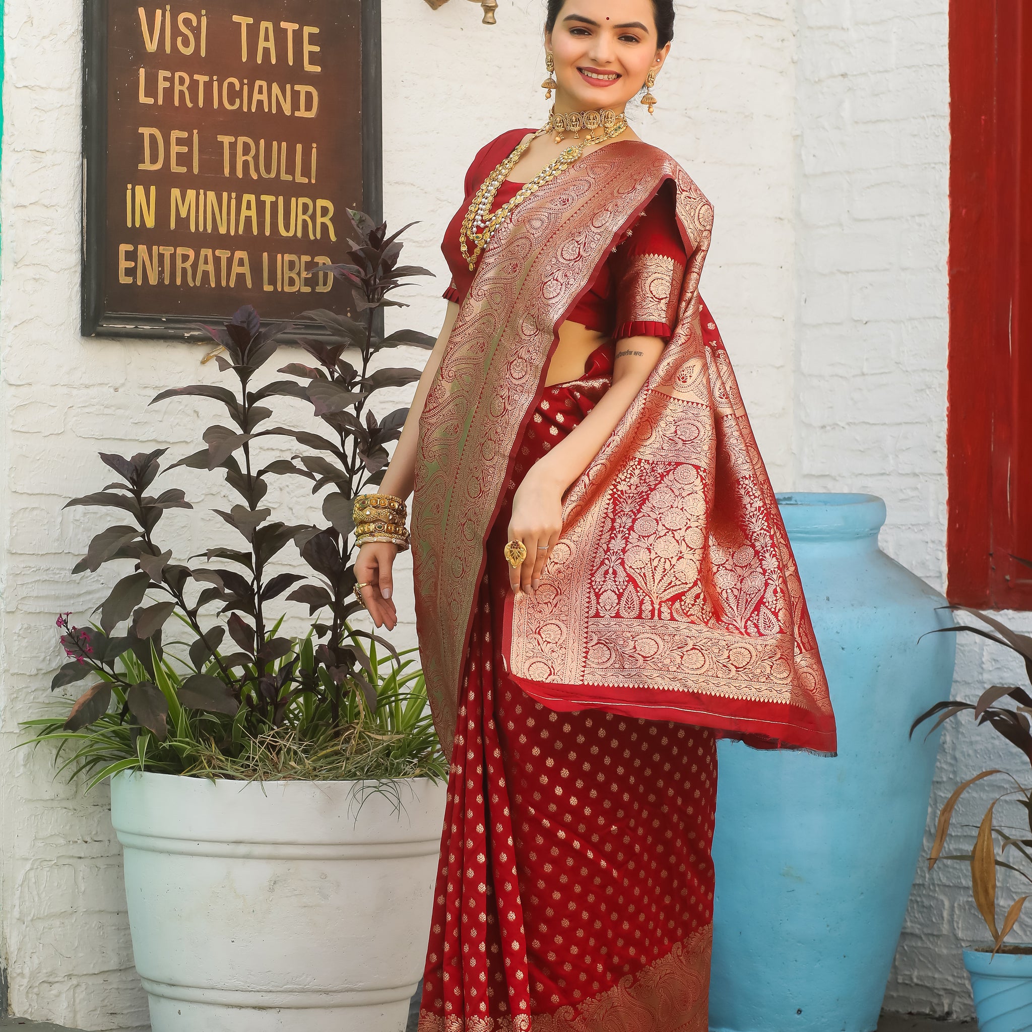 Red Katan Litchi Silk Banarasi Saree with Zari Butta Woven