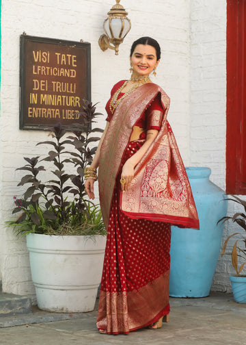 Red Katan Litchi Silk Banarasi Saree with Zari Butta Woven