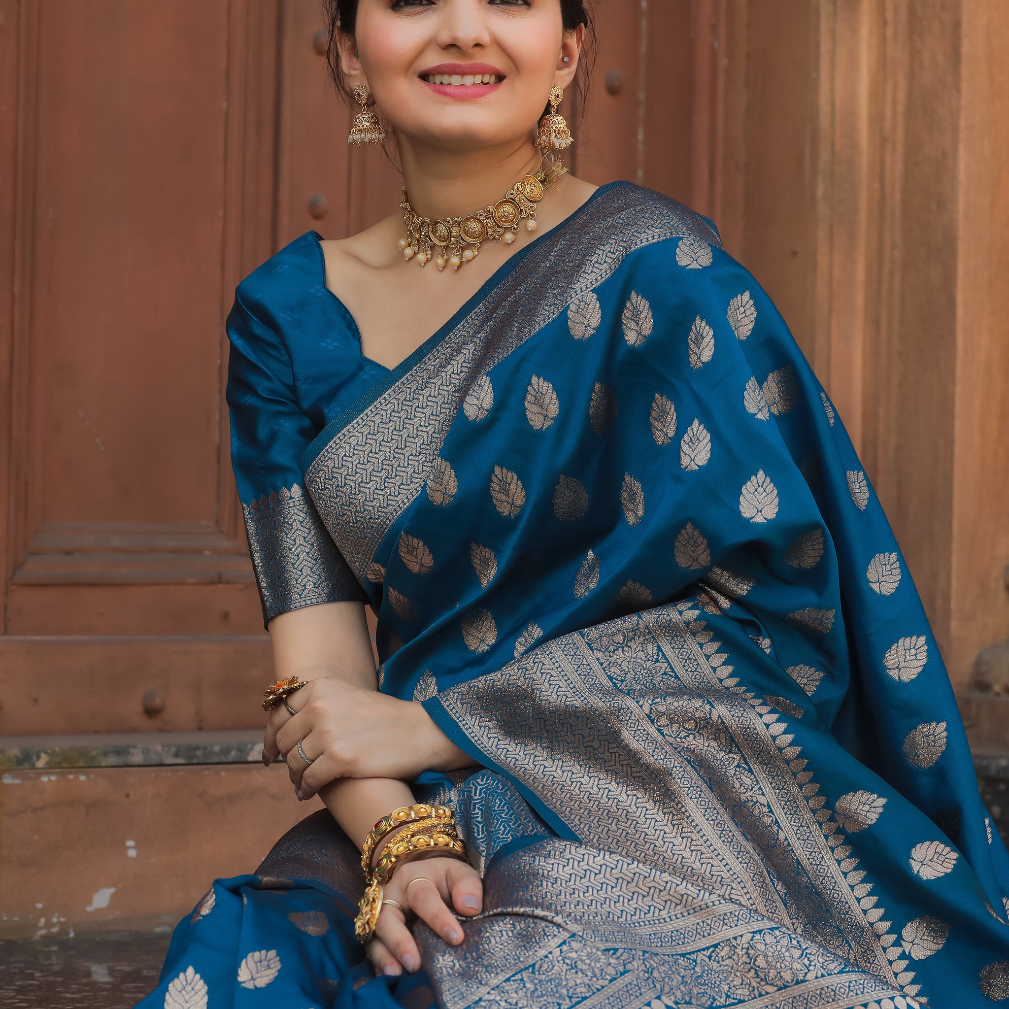 Firozi Katan Litchi Silk Banarasi Saree with Zari Butta – In Stock