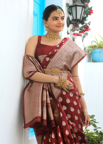 Royal Maroon Katan Litchi Silk Banarasi Saree with Exquisite Zari Butta Weaving