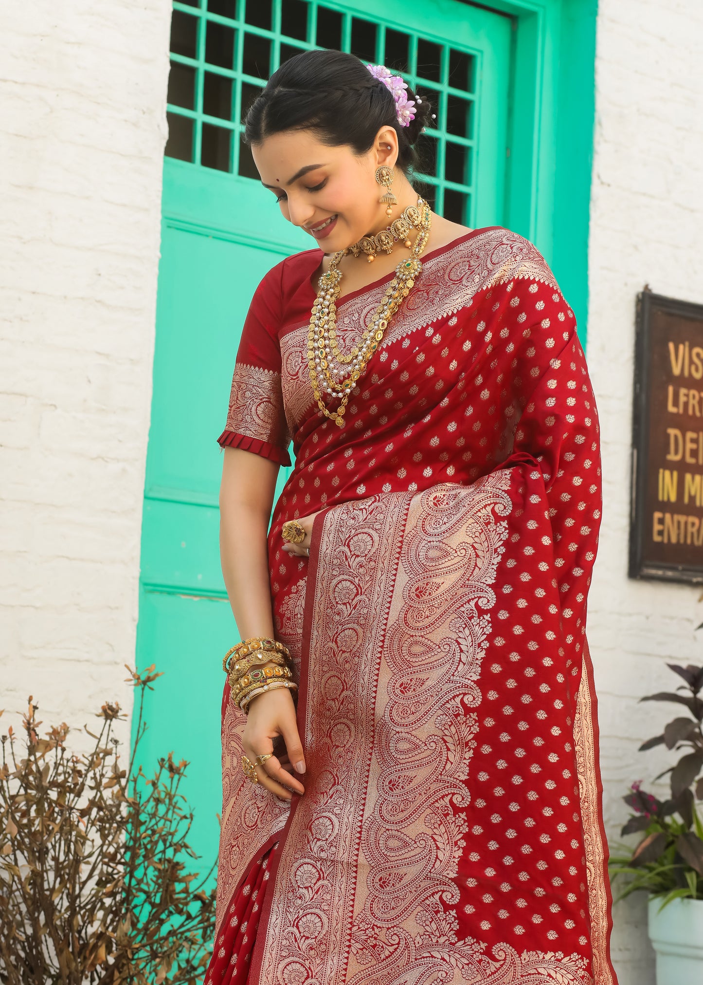Red Katan Litchi Silk Banarasi Saree with Zari Butta Woven