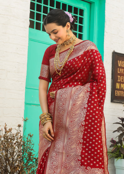 Red Katan Litchi Silk Banarasi Saree with Zari Butta Woven
