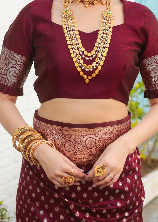 Maroon Katan Litchi Silk Banarasi Saree with Zari Butta Woven