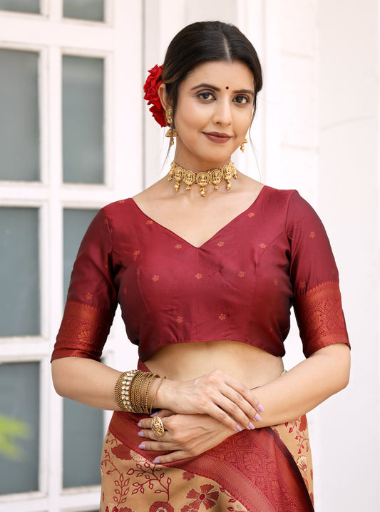 Chiku Maroon Litchi Soft Silk Banarasi Saree with Floral Zari Woven