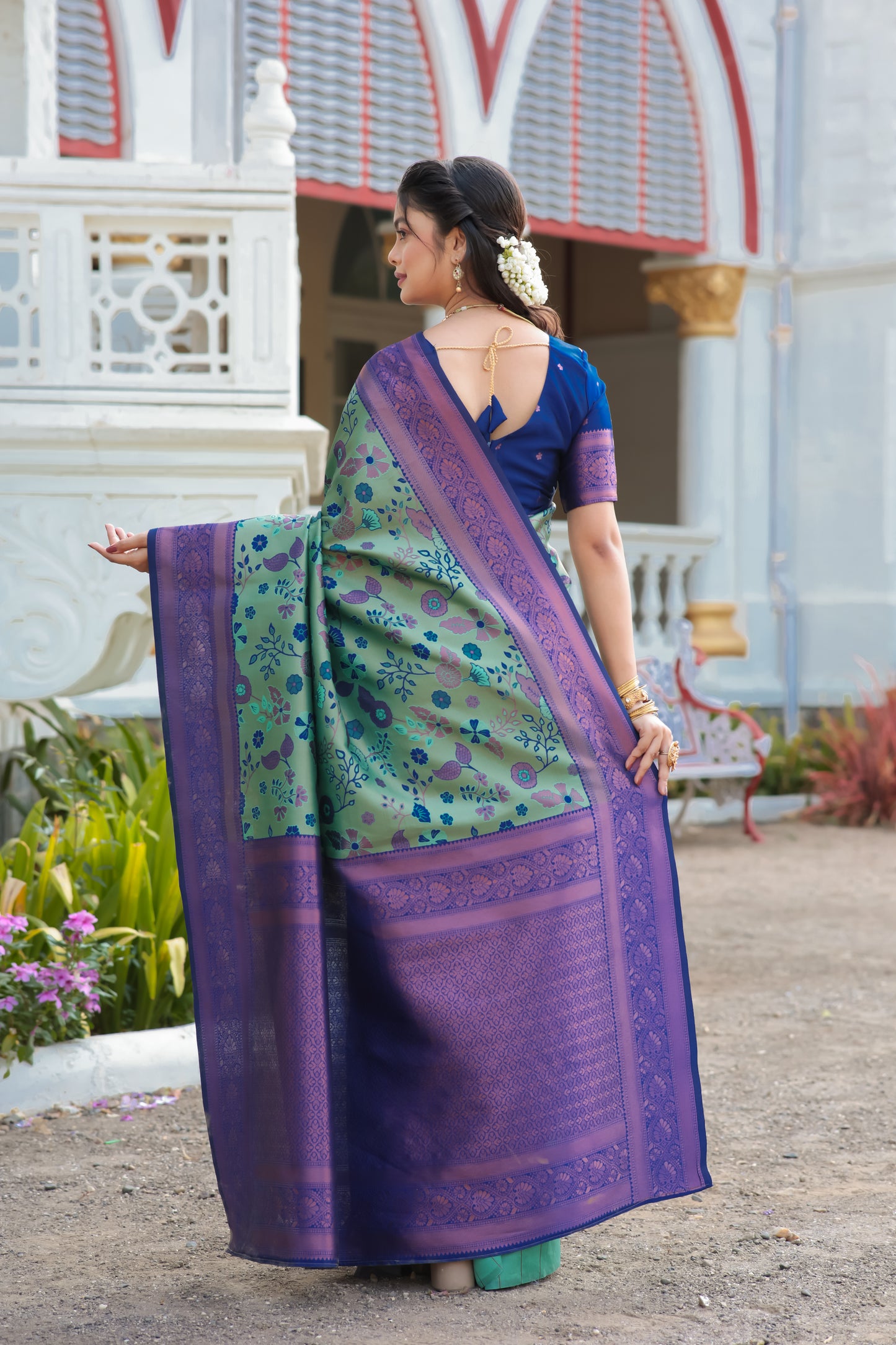 Peach Rama Litchi Soft Silk Banarasi Saree with Floral Zari Woven