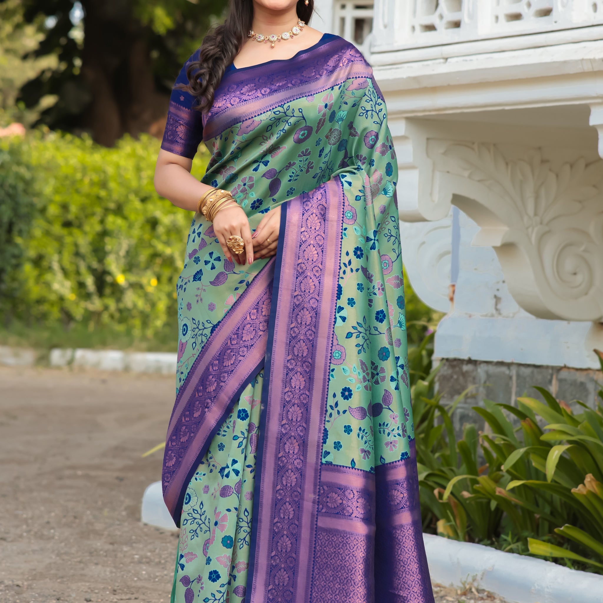 "Peach Rama Banarasi Saree with Floral Zari Work – In Stock"