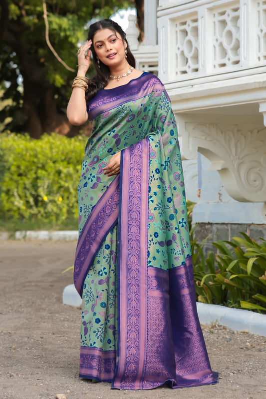 Peach Rama Litchi Soft Silk Banarasi Saree with Floral Zari Woven