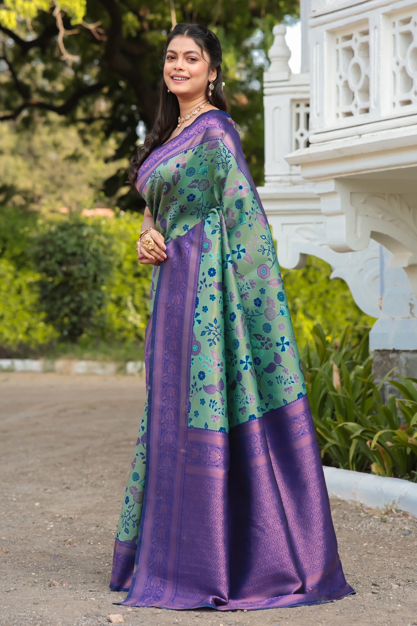 Peach Rama Litchi Soft Silk Banarasi Saree with Floral Zari Woven