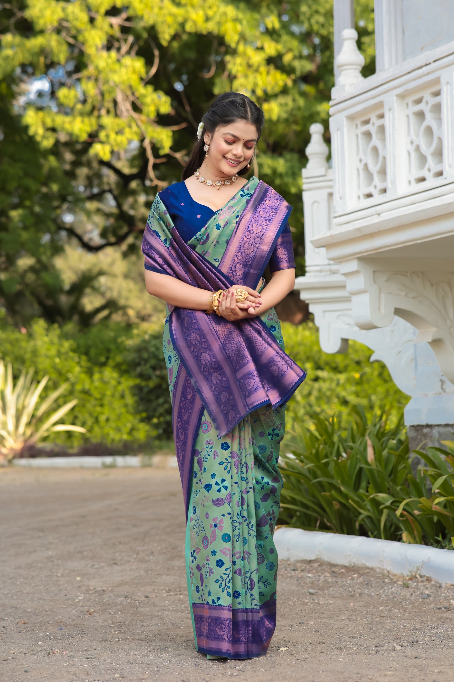 Peach Rama Litchi Soft Silk Banarasi Saree with Floral Zari Woven