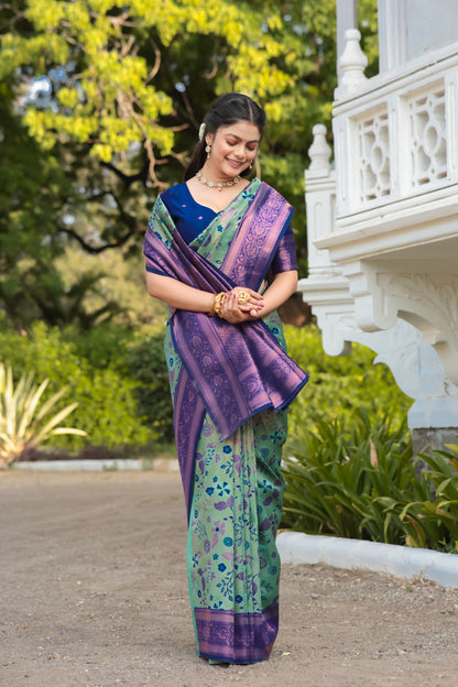 Peach Rama Litchi Soft Silk Banarasi Saree with Floral Zari Woven