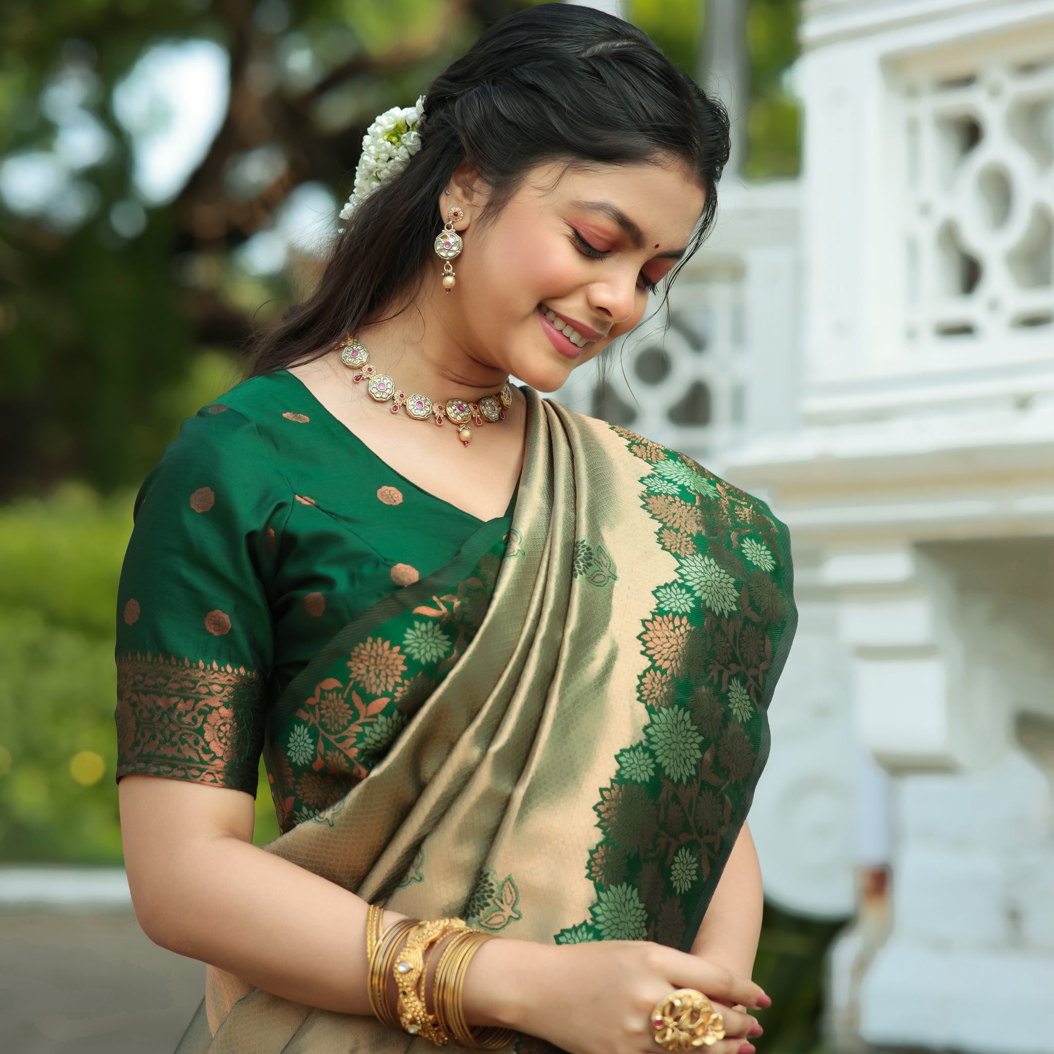"Pista Bottle Green Soft Banarasi Saree with Floral Zari Woven – Available"
