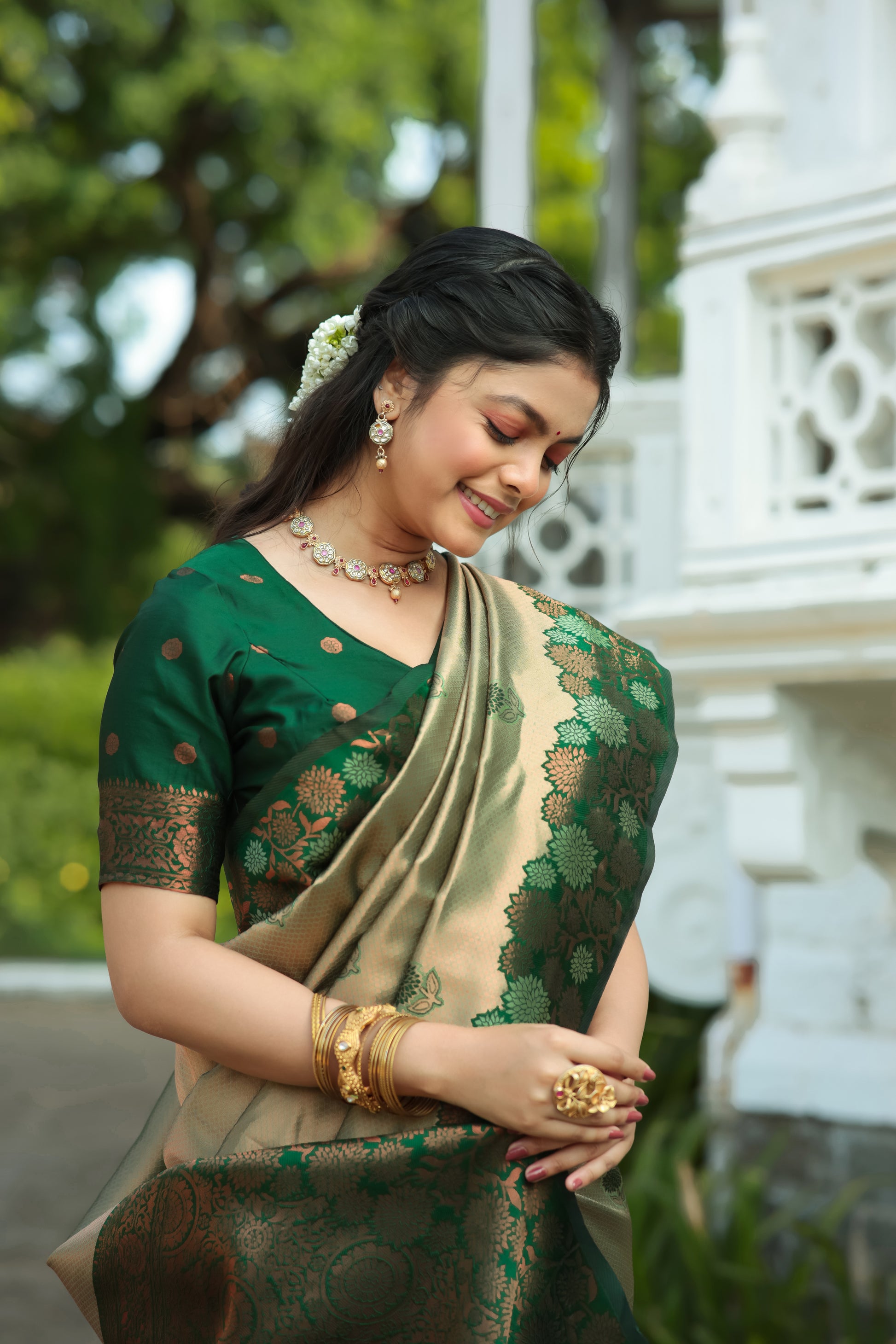 "Pista Bottle Green Soft Banarasi Saree with Floral Zari Woven – Available"