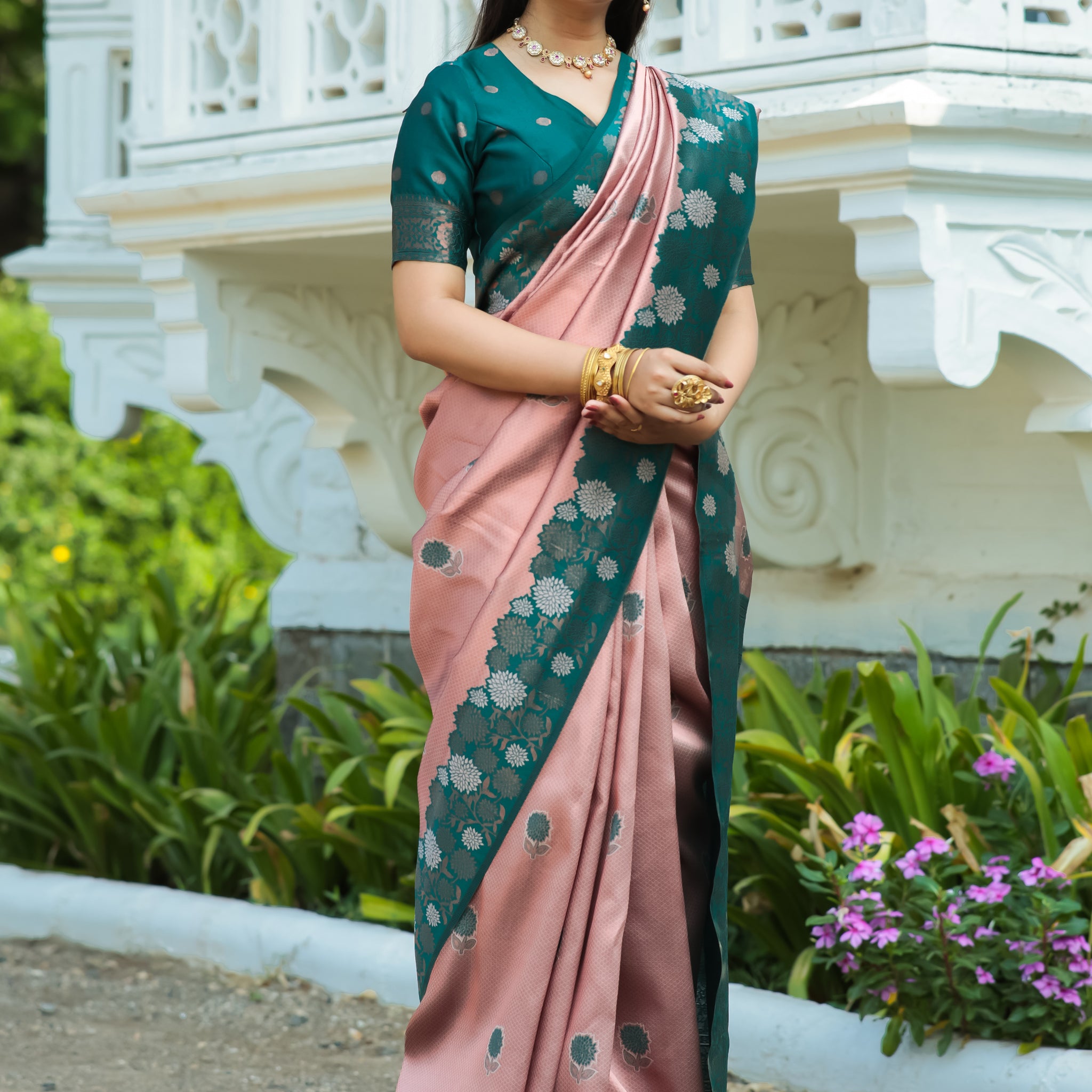 Peach Rama Litchi Soft Silk Banarasi Saree with Work of Floral Zari Woven