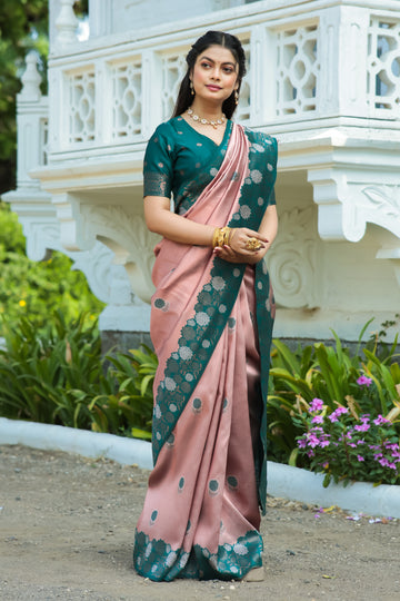 Peach Rama Litchi Soft Silk Banarasi Saree with Work of Floral Zari Woven