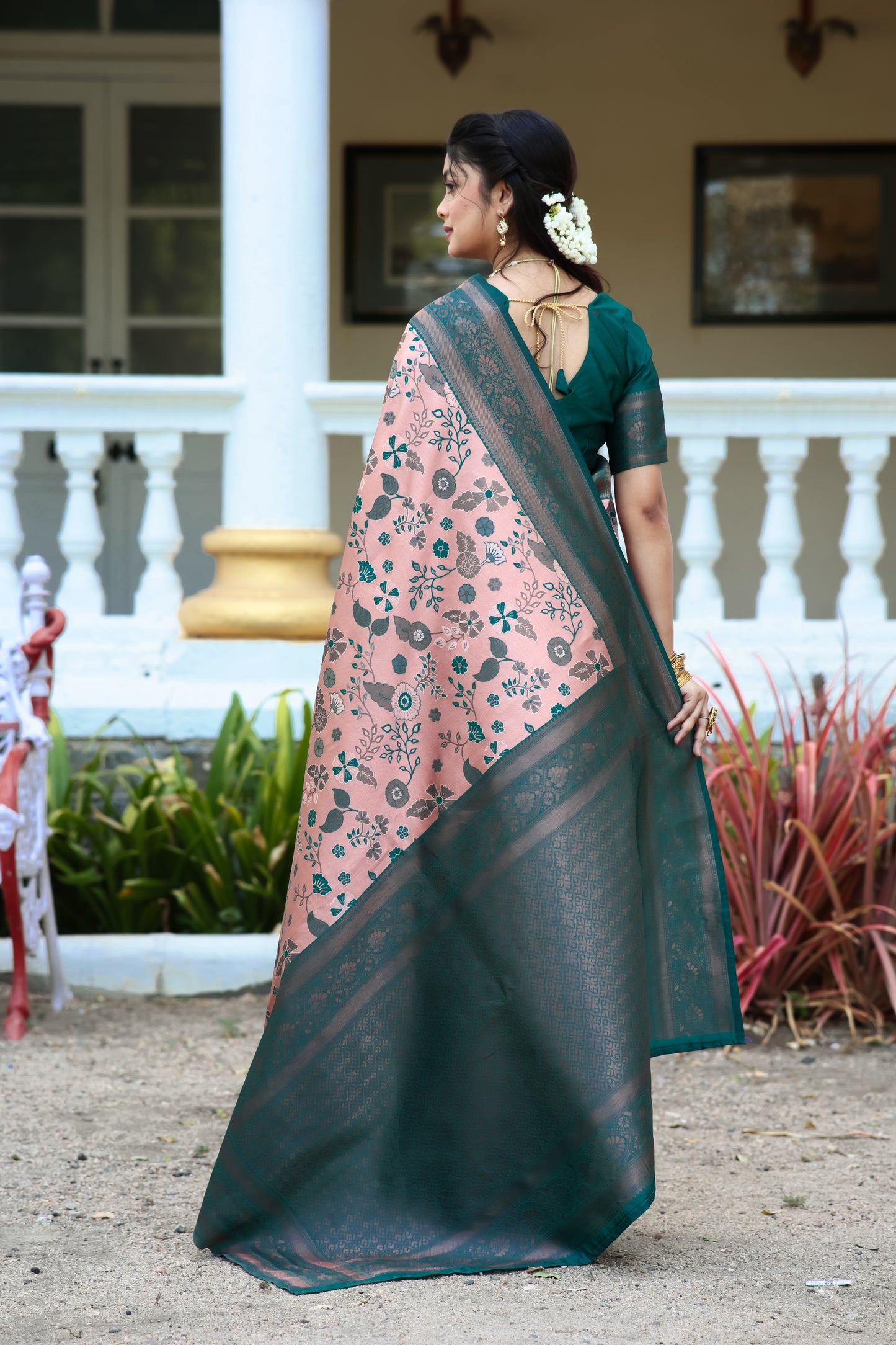 Peach Rama Litchi Soft Silk Banarasi Saree with Floral Zari Woven