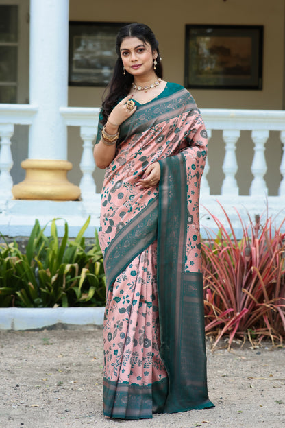 Peach Rama Litchi Soft Silk Banarasi Saree with Floral Zari Woven