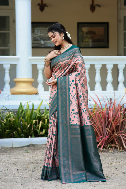 Peach Rama Litchi Soft Silk Banarasi Saree with Floral Zari Woven