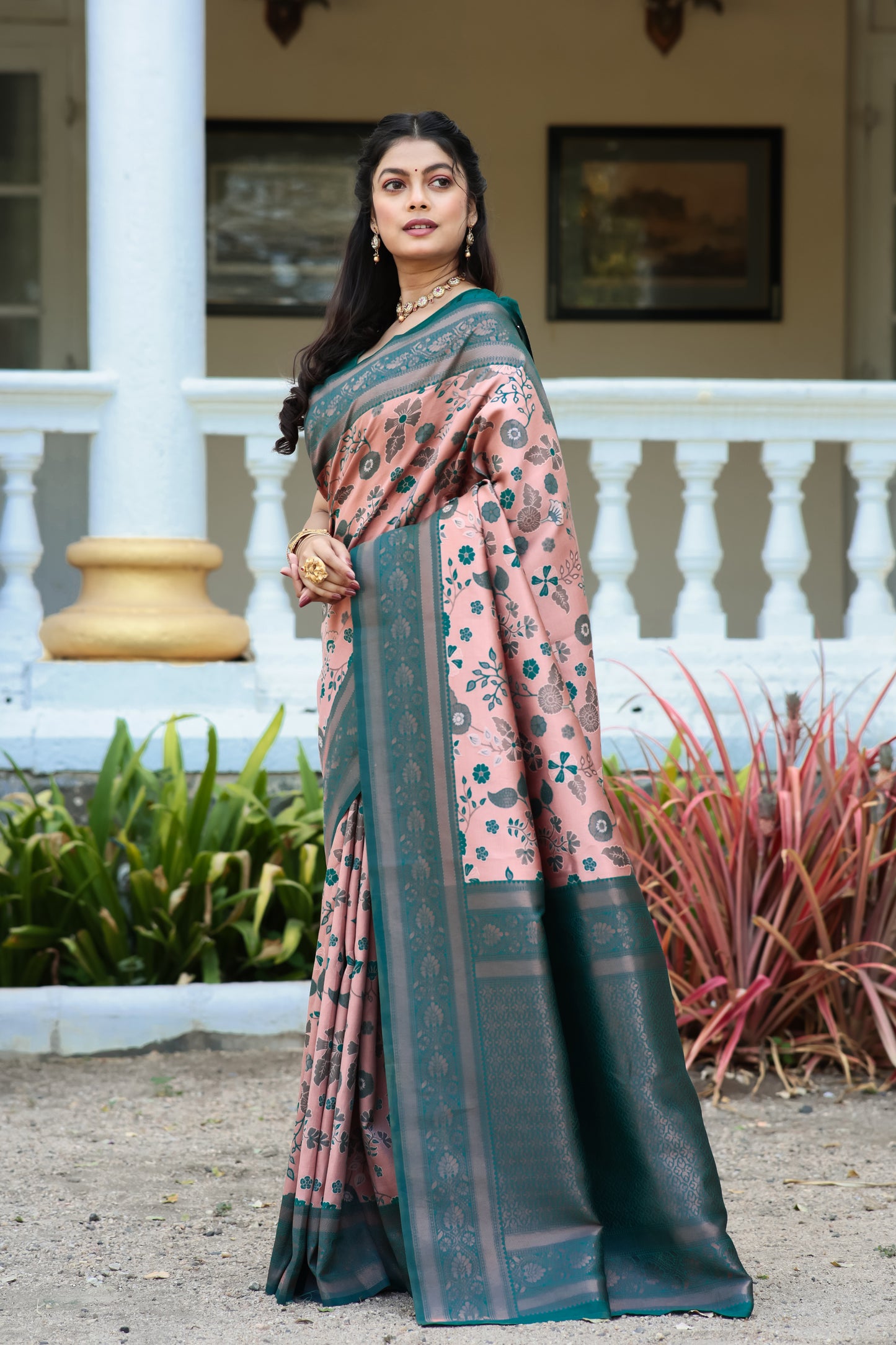 Peach Rama Litchi Soft Silk Banarasi Saree with Floral Zari Woven