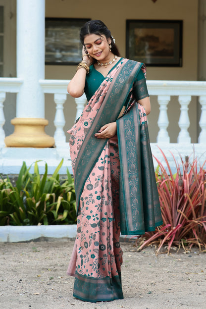 Peach Rama Litchi Soft Silk Banarasi Saree with Floral Zari Woven