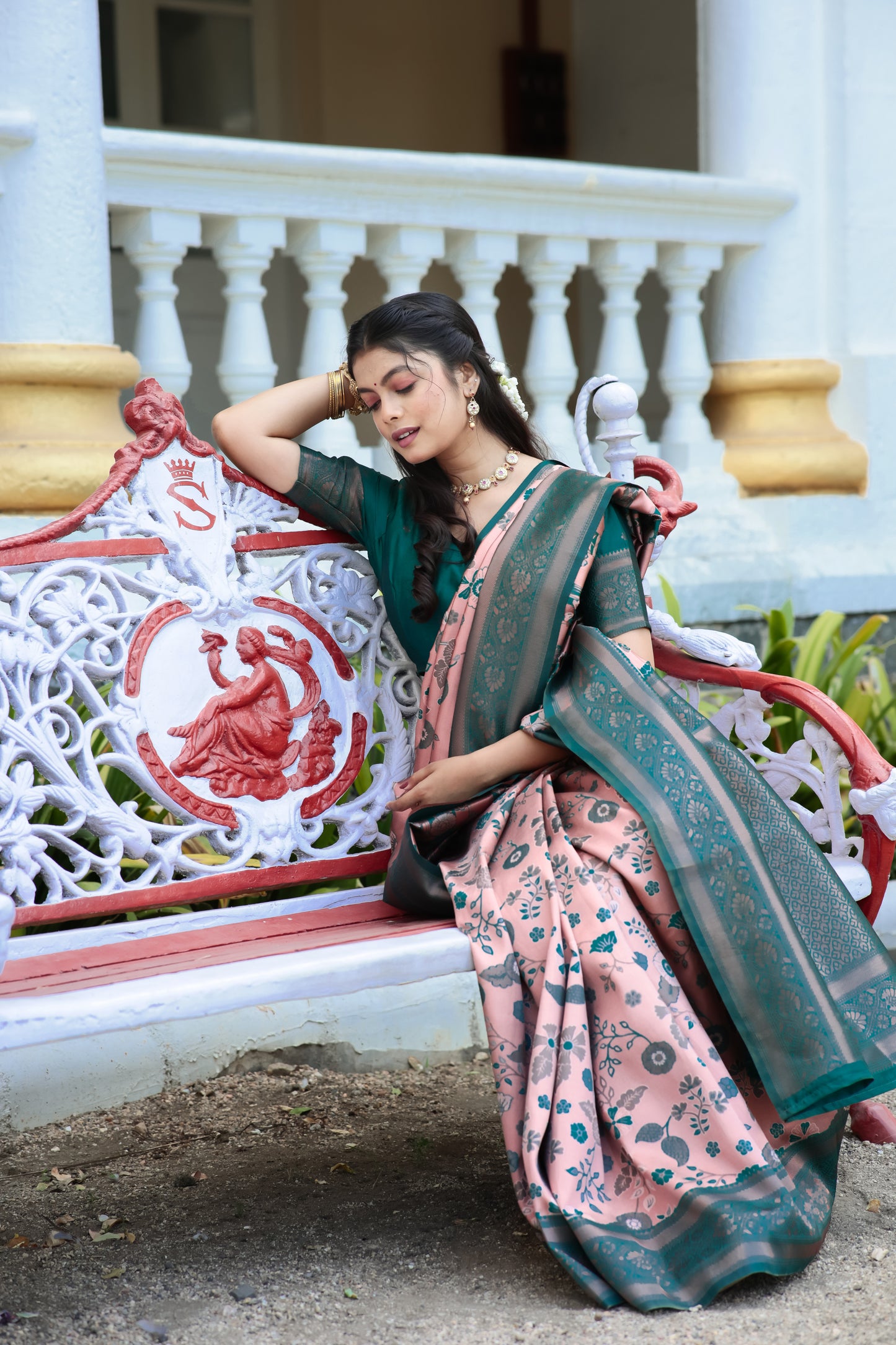 Peach Rama Litchi Soft Silk Banarasi Saree with Floral Zari Woven