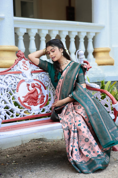 Peach Rama Litchi Soft Silk Banarasi Saree with Floral Zari Woven