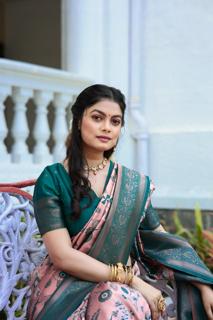 Peach Rama Litchi Soft Silk Banarasi Saree with Floral Zari Woven