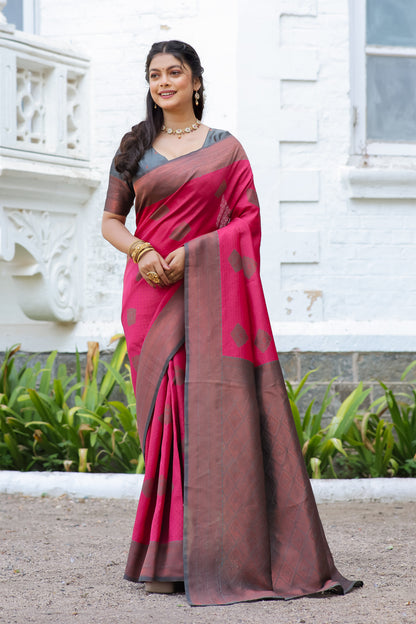 Rani Grey Litchi Soft Silk Banarasi Saree with Butta Zari Woven