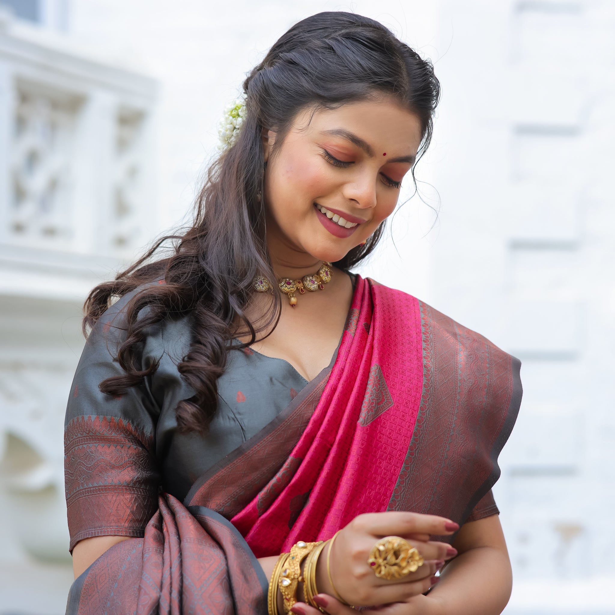 "Rani Grey Banarasi Saree with Butta Zari Work – Available"