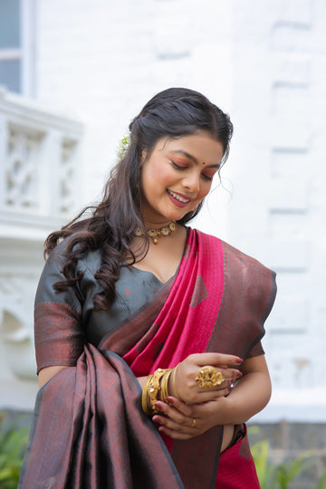 "Rani Grey Banarasi Saree with Butta Zari Work – Available"