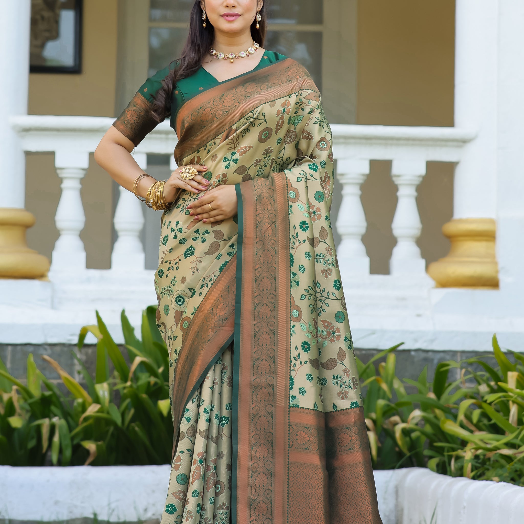 "Pista Banarasi Silk Saree with Floral Zari Weaving – Available"