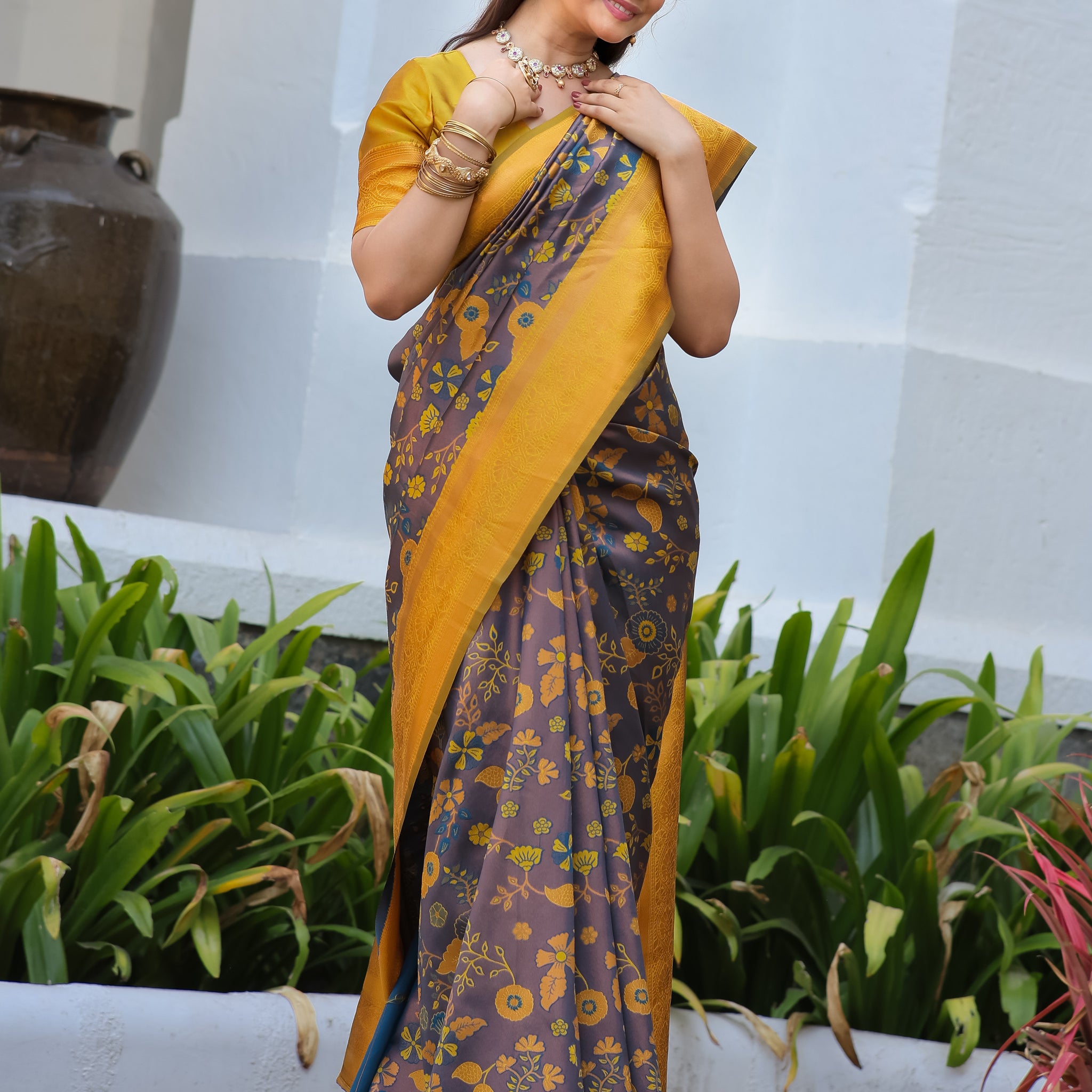 "Yellow Purple Banarasi Silk Saree with Floral Zari Woven – In Stock"